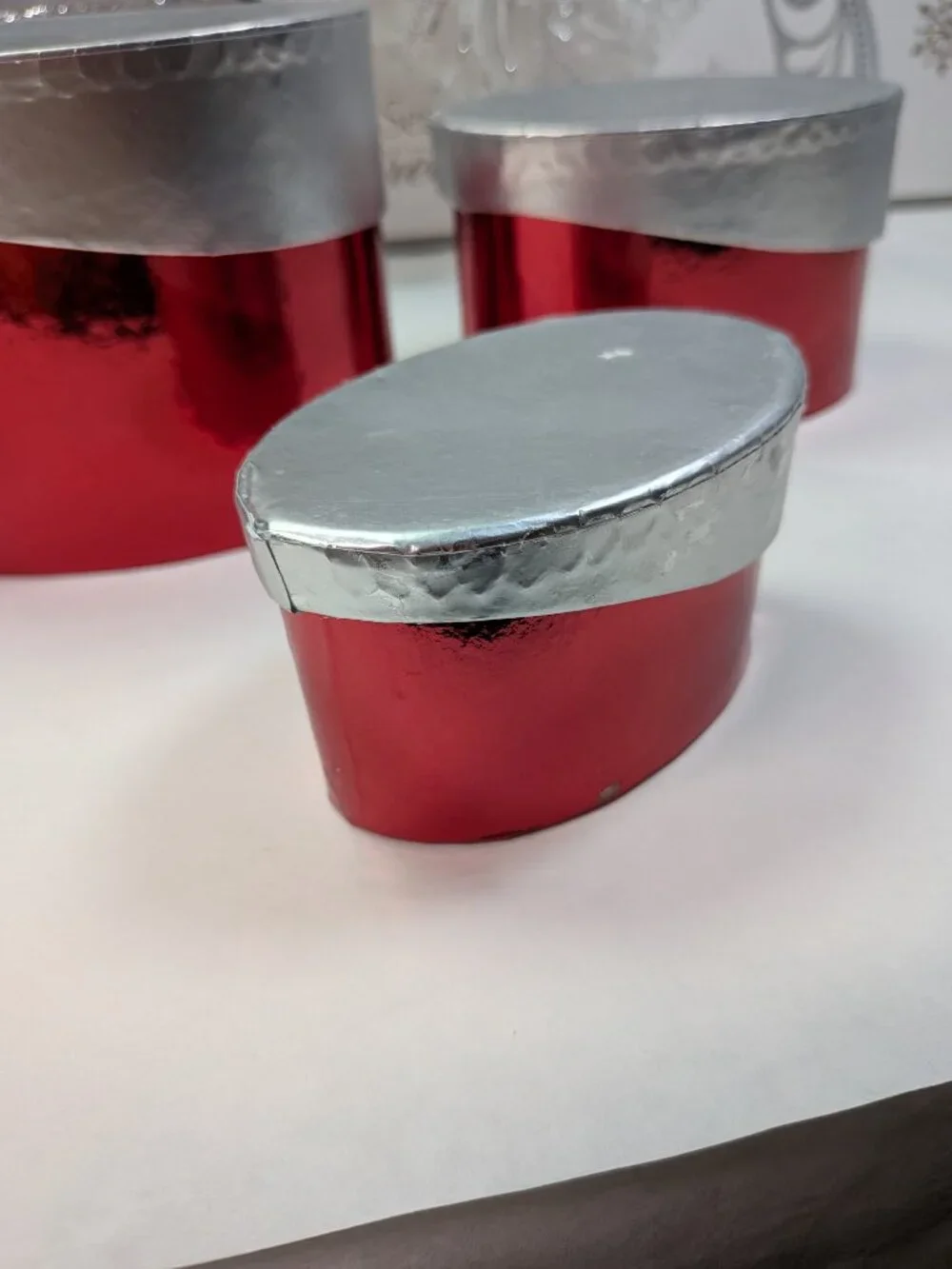 Christmas (8) Gift Boxes Bundle Metallic Red Silver Slant Oval Reindeer Stripe